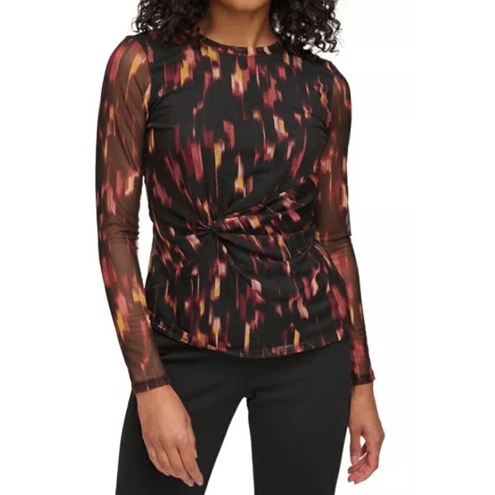 DKNY Women's Printed Mesh Side-Knot Top XS